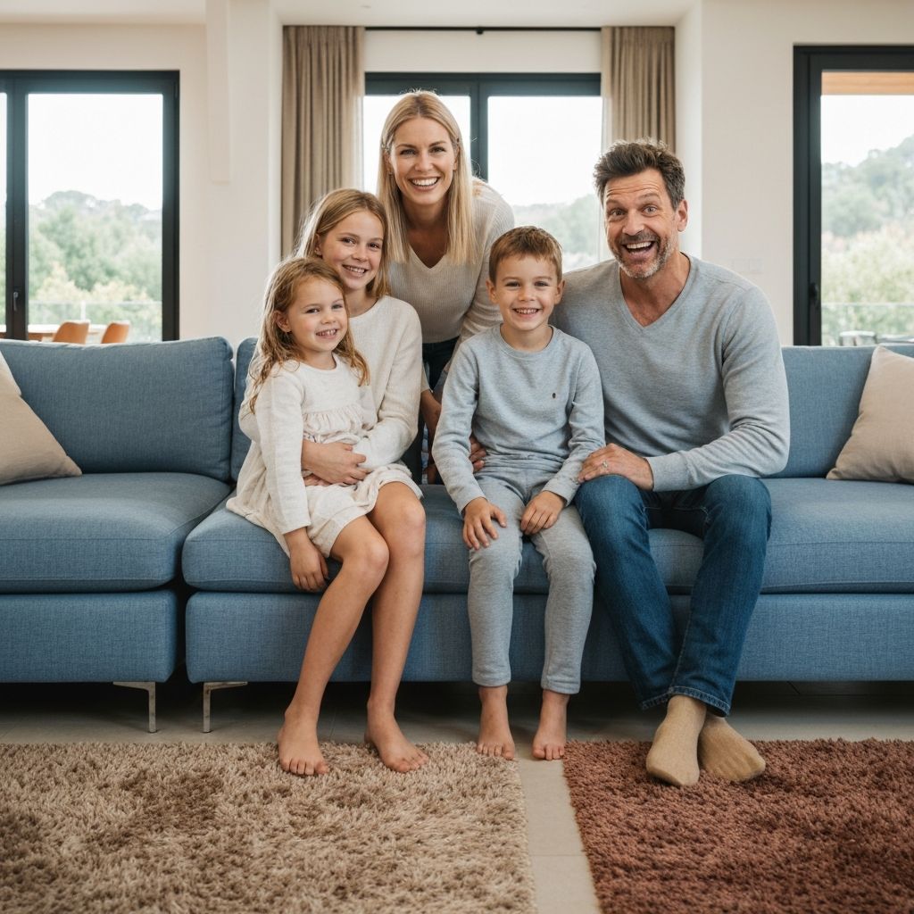 Família feliz em casa de luxo moderna